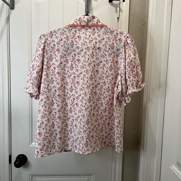 Ivy City Co Pink Floral Cottage Coquette Button Up Puff Sleeve Top Womens Size L - Picture 6 of 10